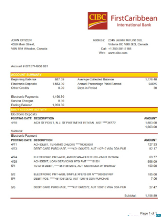 Download Canada CIBC bank statement excel Photoshop template